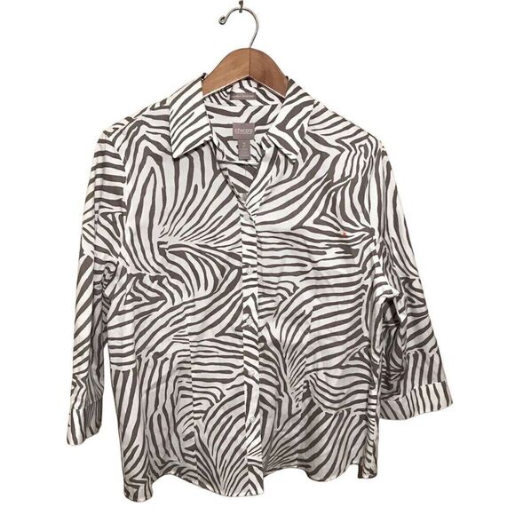 Chico’s Lorena Button Top Large Chicos Size 2 Contemporary Zebra 3/4 Sleeve NWT - Picture 1 of 7